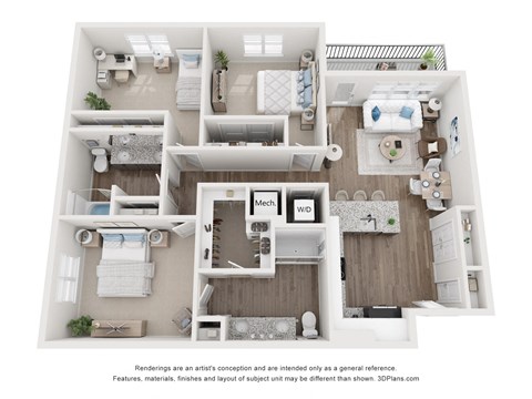 a 3d floor plan of a 3 bedroom apartment
